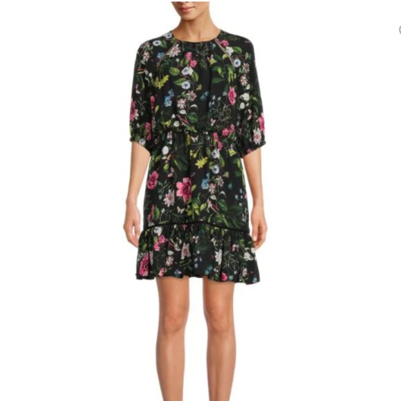 ELIZA J FLORAL PRINT BLOUSON BLACK MULTI COLOR DRESS sz 4 - Picture 1 of 4